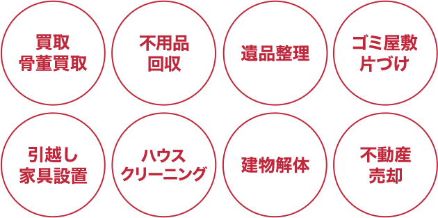 買取・骨董買取、不用品回収、遺品整理、ゴミ屋敷片づけ、引越し・家具設置、ハウスクリーニング、建物解体、不動産売却などワンストップ