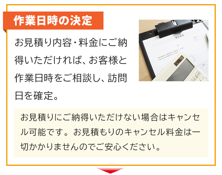 作業日時の決定！お見積り内容・料金にご納得いただければ、お客様と作業日時をご相談し、訪問日を確定します。お見積りにご納得いただけない場合はキャンセル可能です。お見積もりのキャンセル料金は一切かかりませんのでご安心ください。