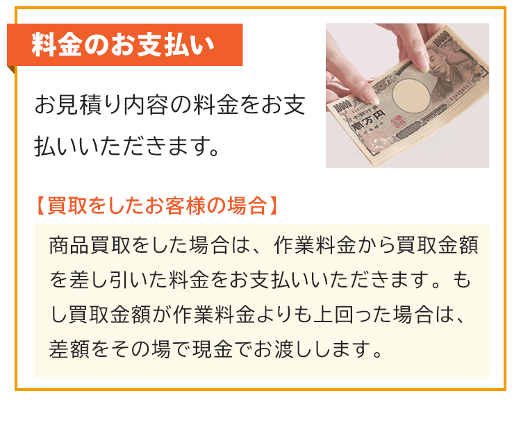 料金のお支払い！お見積り内容の料金をお支払いいただきます。買取をしたお客様の場合について。商品買取をした場合は、作業料金から買取金額を差し引いた料金をお支払いいただきます。もし買取金額が作業料金よりも上回った場合は、差額をその場で現金でお渡しします。