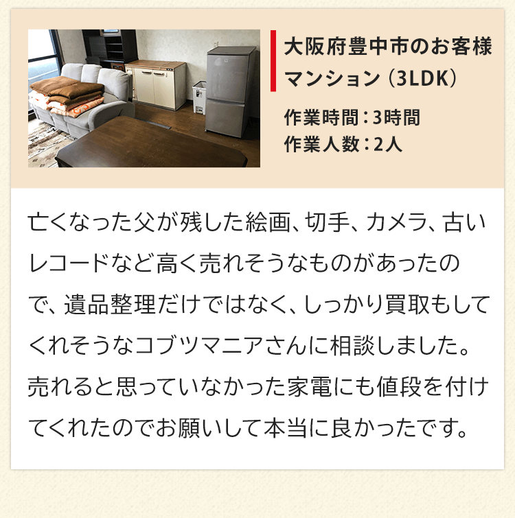 マンション3LDK、大阪府豊中市のお客様からいただいたお声。亡くなった父が残した絵画、切手、カメラ、古いレコードなど高く売れそうなものがあったので、遺品整理だけではなく、しっかり買取もしてくれそうなコブツマニアさんに相談しました。売れると思っていなかった家電にも値段を付けてくれたのでお願いして本当に良かったです。